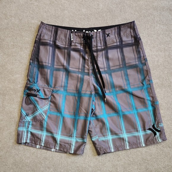 Hurley Boardshorts Mens 32 Gray Blue Plaid Swim Trunks Drawstring Pocket - Picture 1 of 7